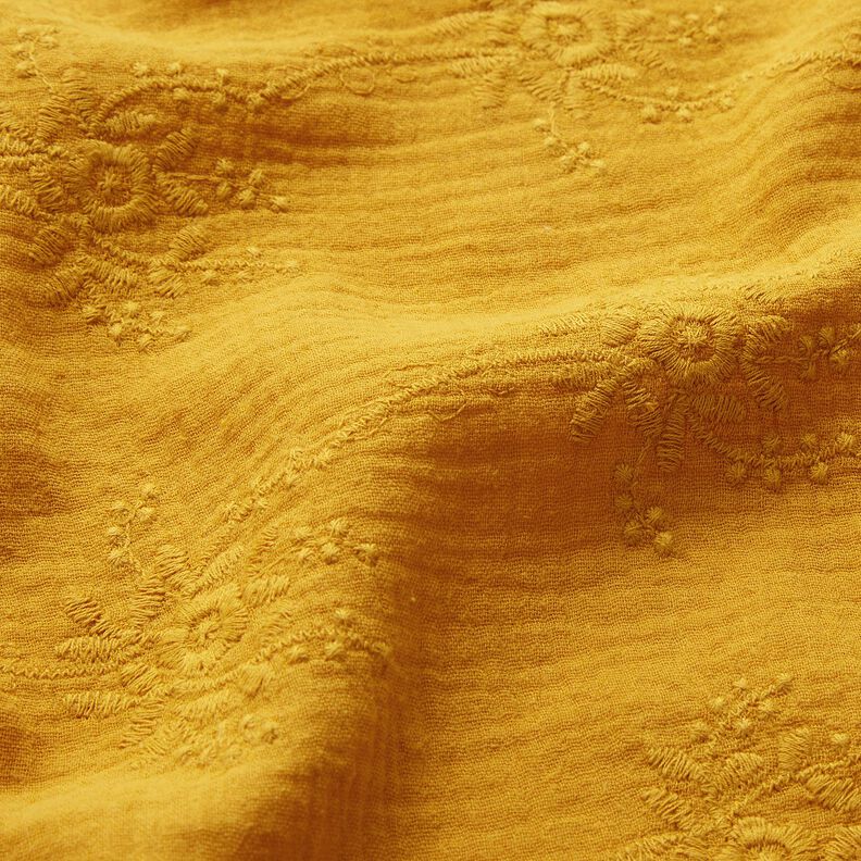 Tissu double gaze de coton Vrille florale ton sur ton – jaune curry,  image number 2