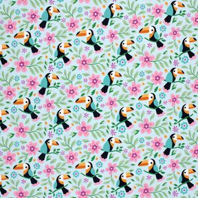 Jersey coton Toucans dans la jungle fleurie – bleu bébé/orange, 