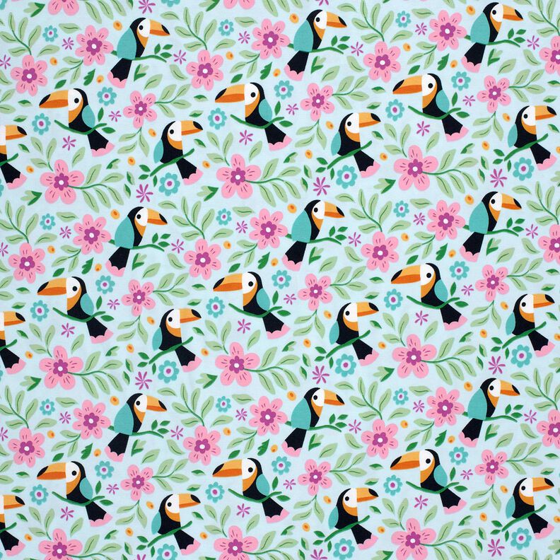 Jersey coton Toucans dans la jungle fleurie – bleu bébé/orange,  image number 1