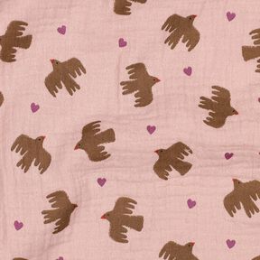 GOTS Tissu double gaze de coton Oiseaux et coeurs | Poppy Fabrics – vieux rose, 