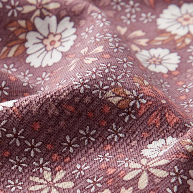 Jersey coton Prairie fleurie – vieux rose foncé,  image number 2