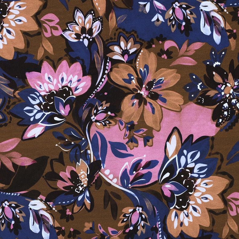 French Terry Sweat d’été Fleurs peintes Impression numérique – indigo/brun-marron, image number 1