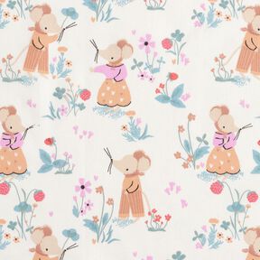Popeline coton Souris dans un champ de fraises – blanc/rose, 