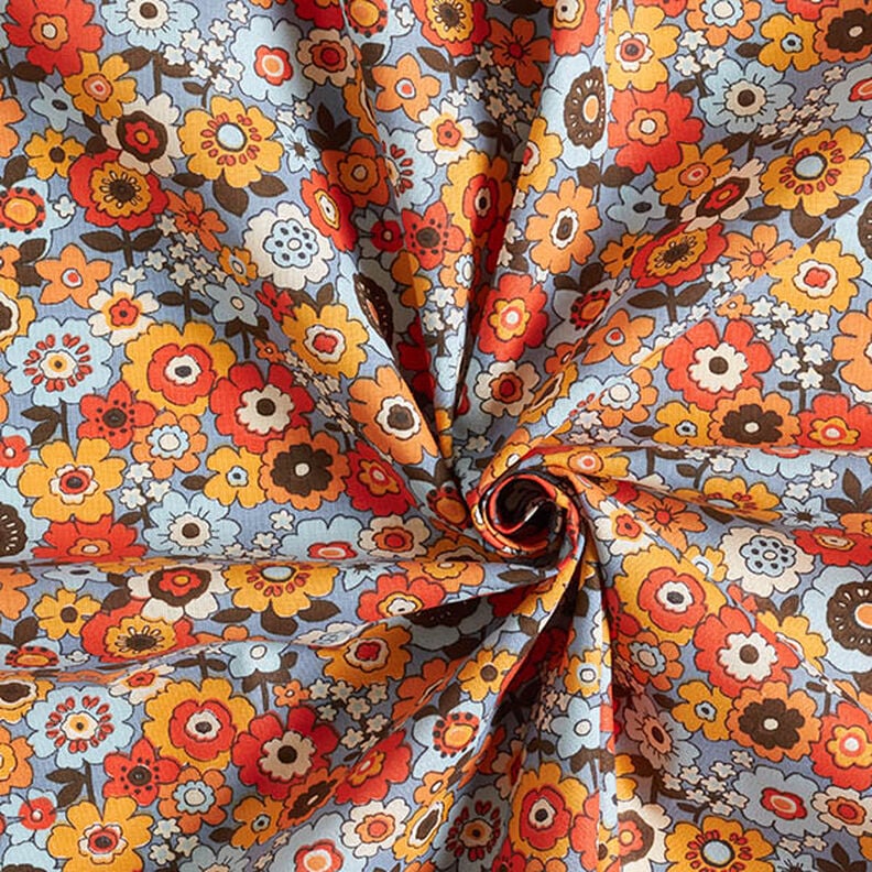 Tissu en coton Cretonne Fleurs multicolores – jean bleu clair/orange,  image number 3