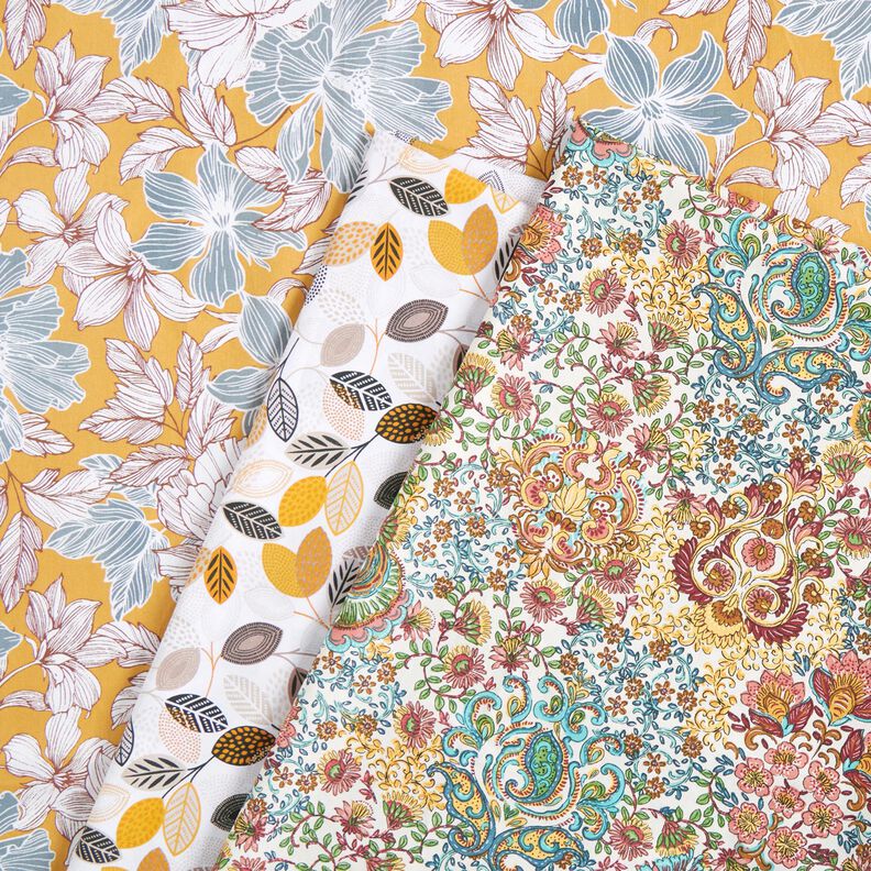 Tissu en coton Cretonne Grandes fleurs – moutarde/gris, image number 5