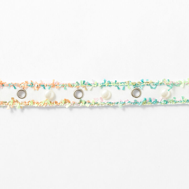 Ruban tissé Œillets et perles [25 mm] – blanc/vert fluo,  image number 2