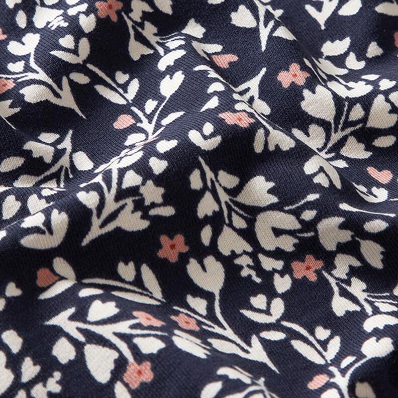 Jersey coton Petites fleurs douces avec cœurs – bleu marine,  image number 2