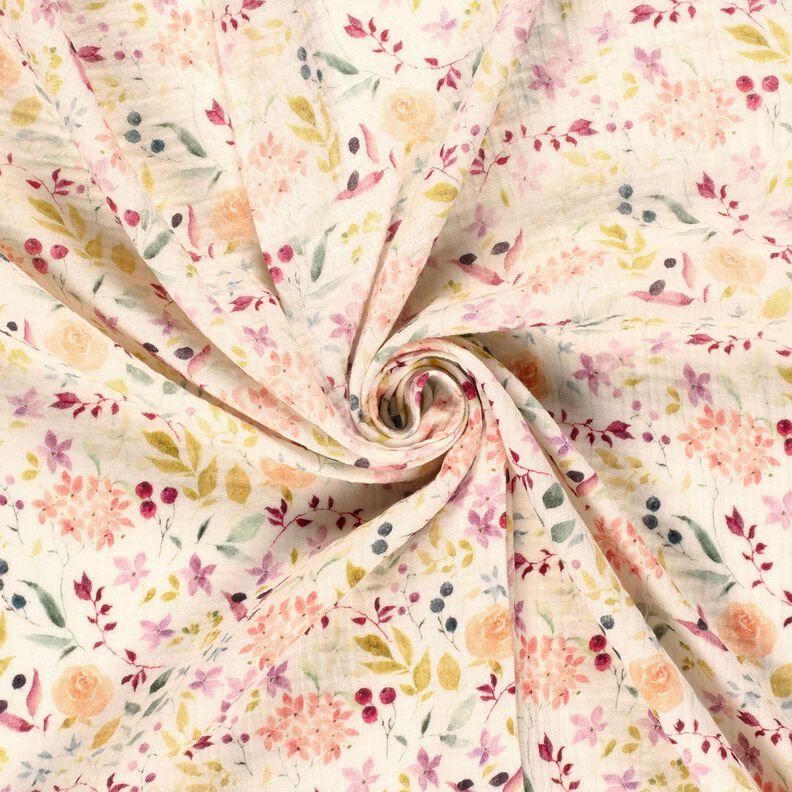 Tissu double gaze de coton Prairie fleurie aquarelle Impression numérique – crème,  image number 3