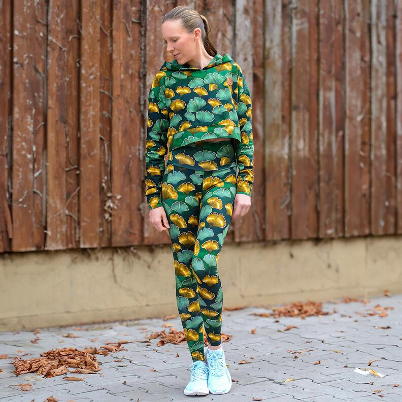 Jersey coton Ginkgo | Glitzerpüppi – vert foncé/or ancien,  image number 8
