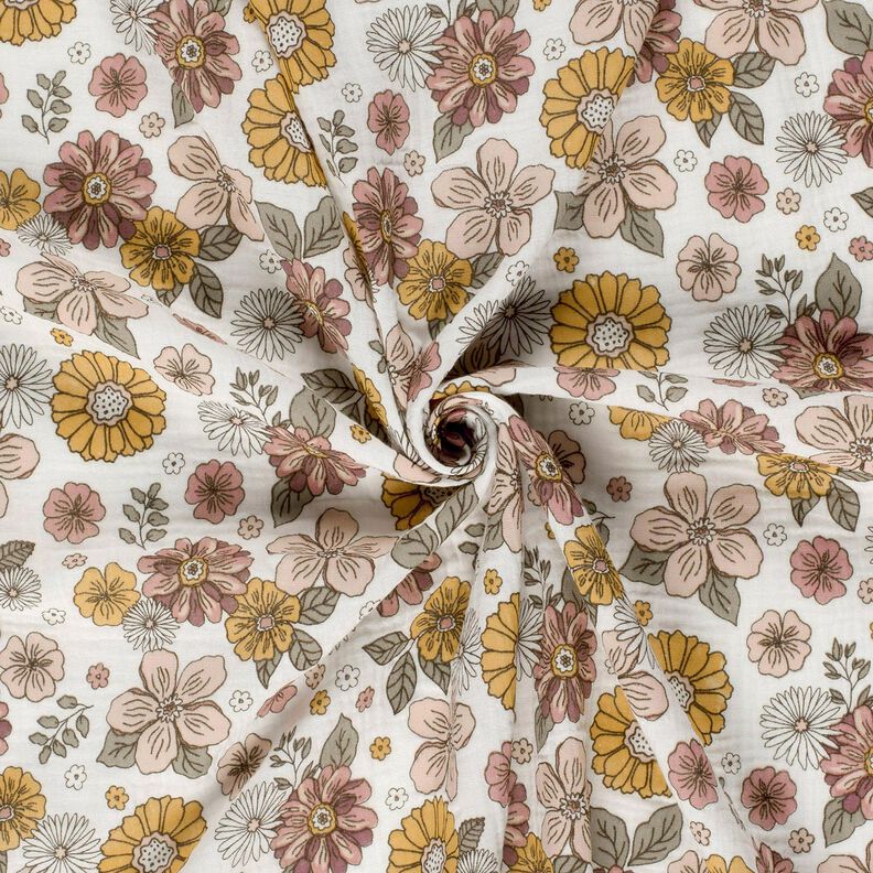 Tissu double gaze de coton Fleurs rétros – blanc, image number 3