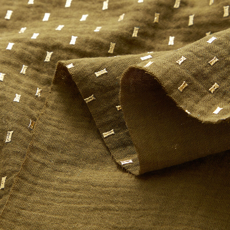 Tissu double gaze de coton Imprimé feuille Carreaux – olive foncé/or,  image number 3