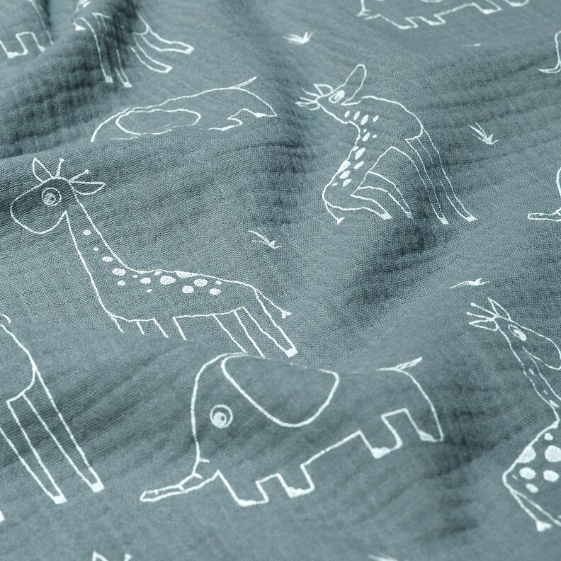 Tissu double gaze de coton Grands éléphants et girafes – bleu pigeon,  image number 2