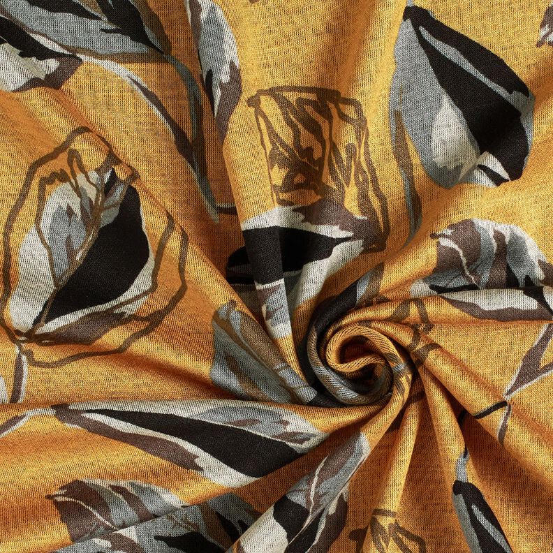 Jersey viscose grandes feuilles d'automne – jaune curry/gris schiste, image number 3