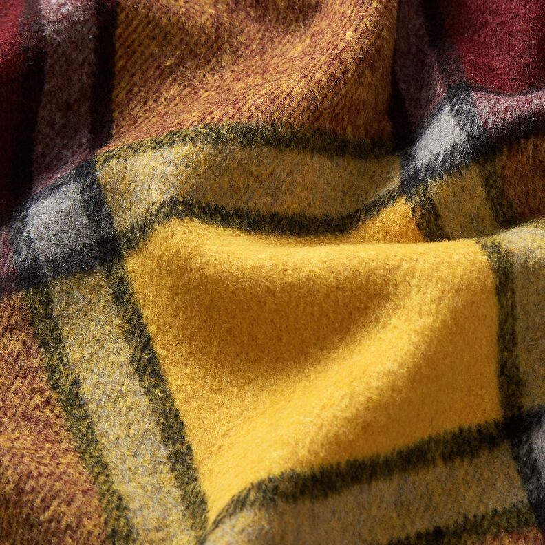 Tissu pour manteau tissu gratté à carreaux – rouge bordeaux/jaune curry, image number 6