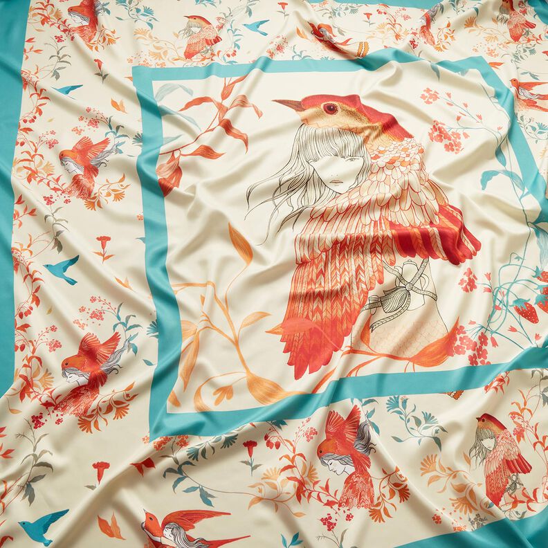 Panneau satin oiseaux et fées | Katia Fabrics – bleu aqua/crème, image number 2