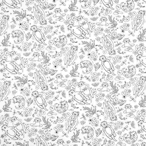 Popeline coton Tissu à colorier loutres mignonnes dans l'étang – blanc/noir,  image number 1
