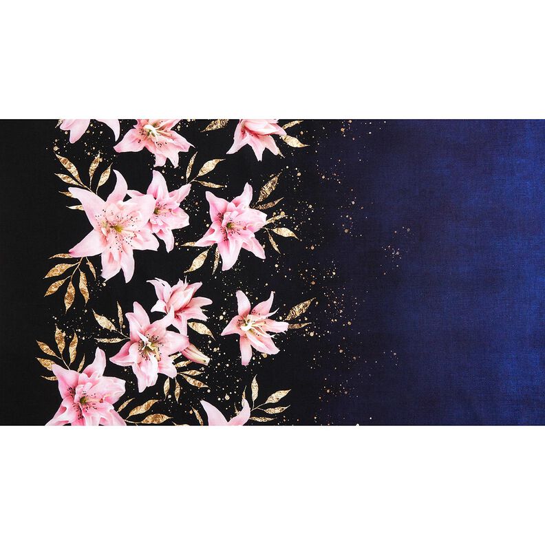 French Terry Sweat d’été Tissu bordure lys et feuilles mouchetées d'or | Glitzerpüppi – bleu,  image number 7