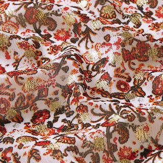 Crêpe de mousseline Imprimé métallisé Fleurs cachemire – blanc/orange, 