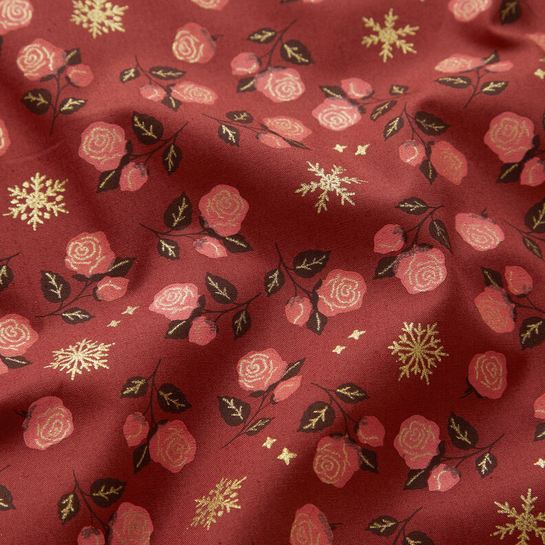 Tissu en coton Popeline Roses classiques – rouge foncé/or,  image number 2