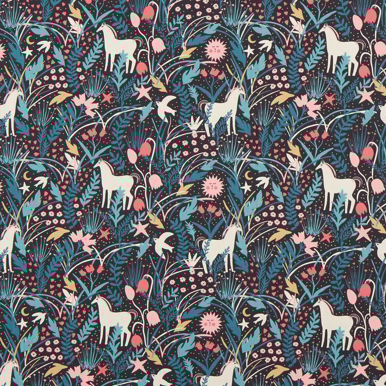 Popeline coton Licorne dans une forêt des contes de fées – noir, image number 1