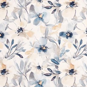 Tissu de décoration Semi-panama grandes fleurs – amande/bleu, 