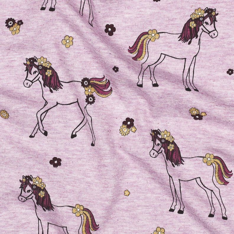 Jersey coton Cheval fleuri pailleté | Poppy Fabrics – violet pastel/or,  image number 2