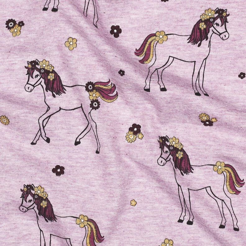 Jersey coton Cheval fleuri pailleté | Poppy Fabrics – violet pastel/or, image number 2