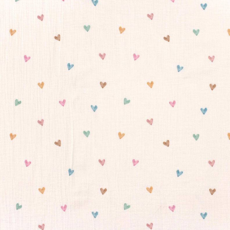 Tissu double gaze de coton Cœurs multicolores Impression numérique – blanc,  image number 1