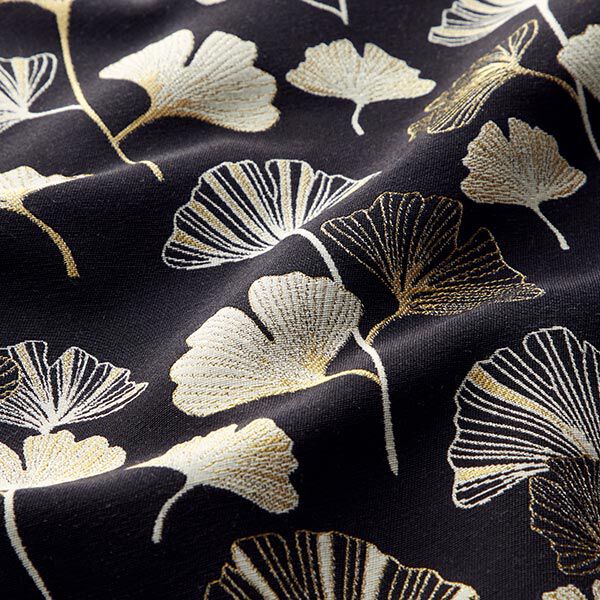 Tissu de décoration Jacquard feuilles de gingko – noir/or,  image number 2