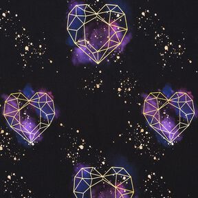 Jersey coton Coeurs en origami avec paillettes dorées | Glitzerpüppi – noir/lilas, 