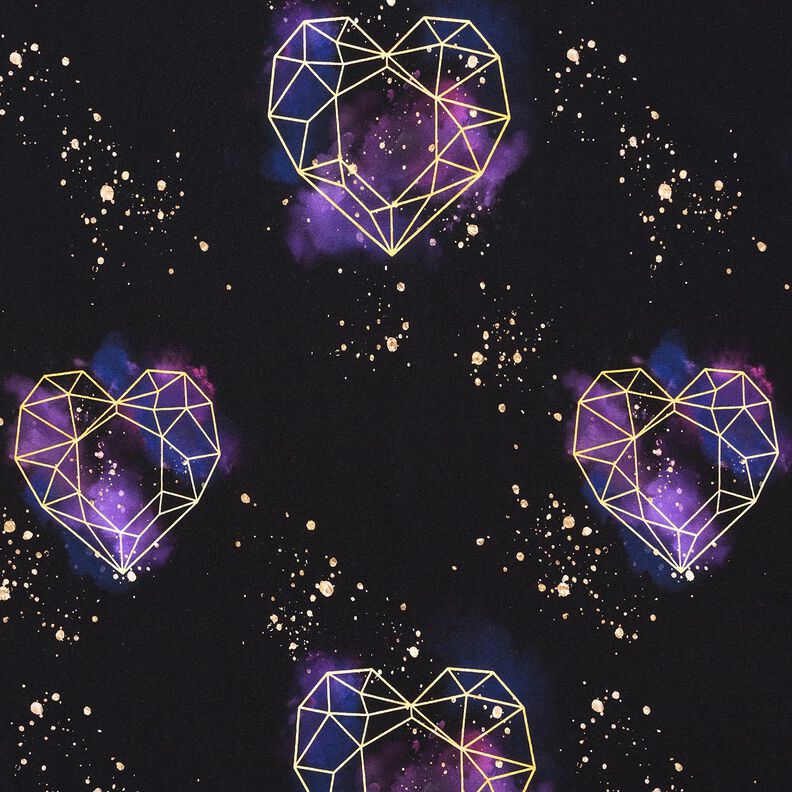Jersey coton Coeurs en origami avec paillettes dorées | Glitzerpüppi – noir/lilas,  image number 1