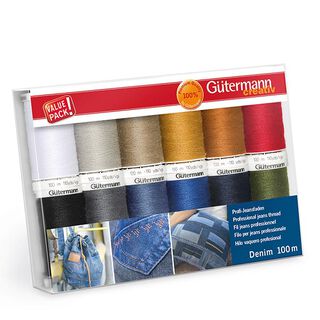 Ensemble de fils à coudre denim [ 100m | 12 Pièces ] | Gütermann creativ – mélange de couleurs, 