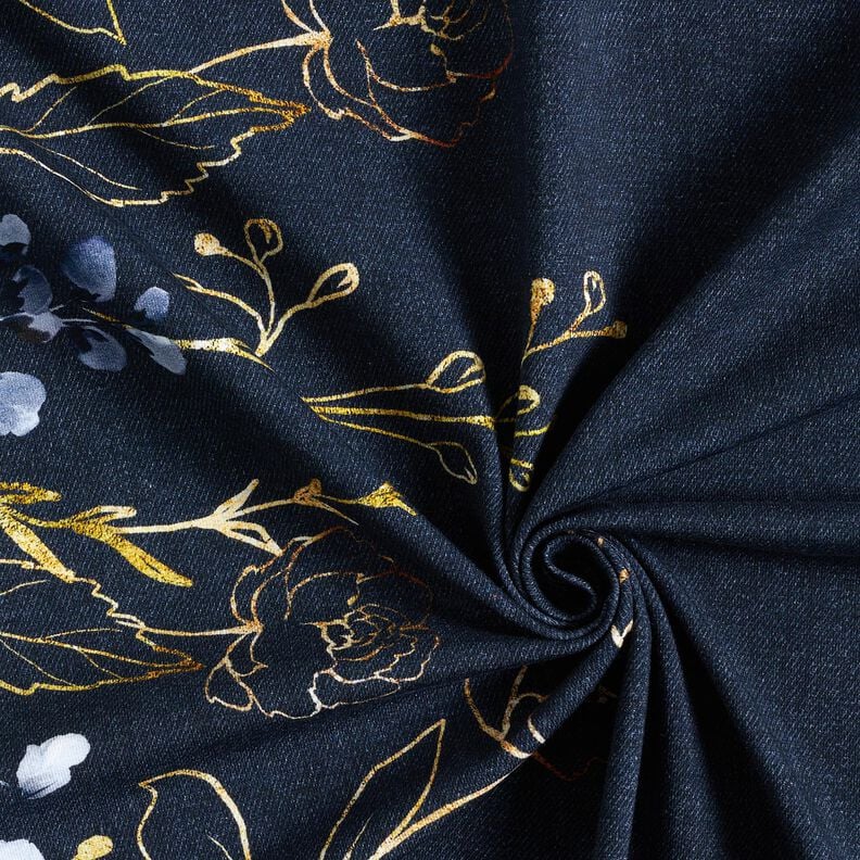 Jersey coton Tissu bordure fleurs paillettes dorées | Glitzerpüppi – bleu nuit/bleu jean,  image number 3