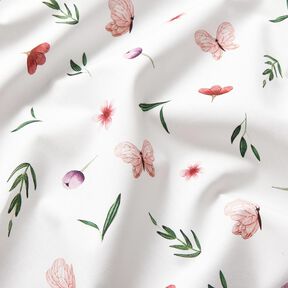Popeline coton fleurs et papillons – blanc, 