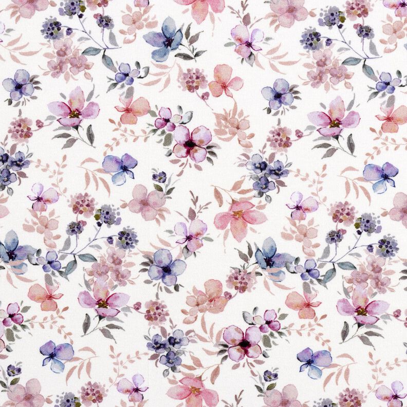 GOTS Jersey coton Fleurs aquarelle Impression numérique – écru/violet pastel,  image number 1