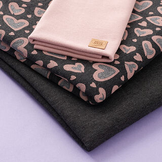 Lot de tissu pour sweat-shirt Cœurs pailletés – anthracite/vieux rose, 