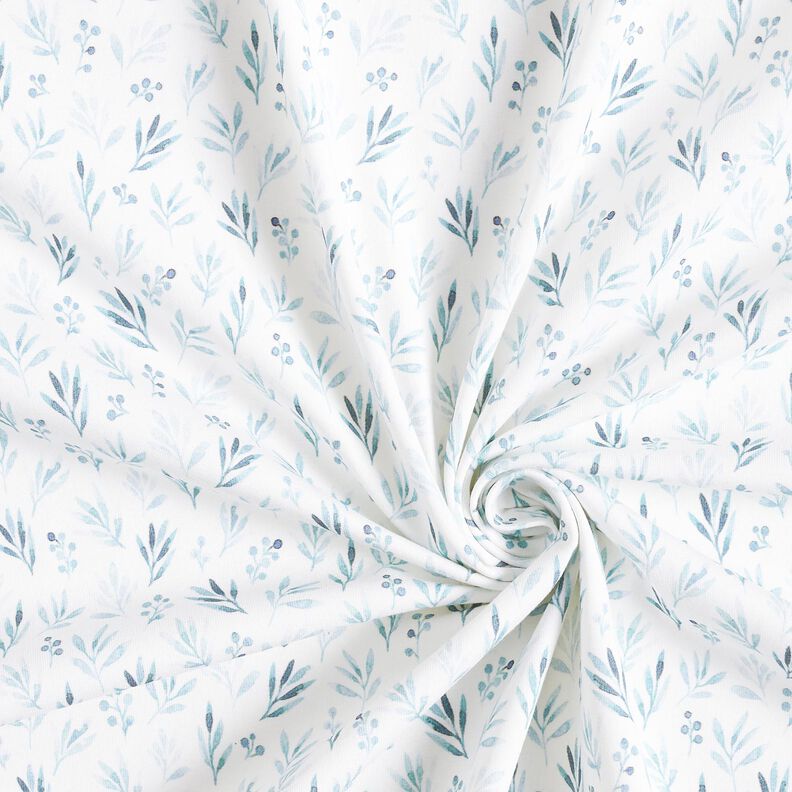 Jersey coton Branches et fleurs délicates aquarelle Impression numérique – ivoire/bleu jean,  image number 3