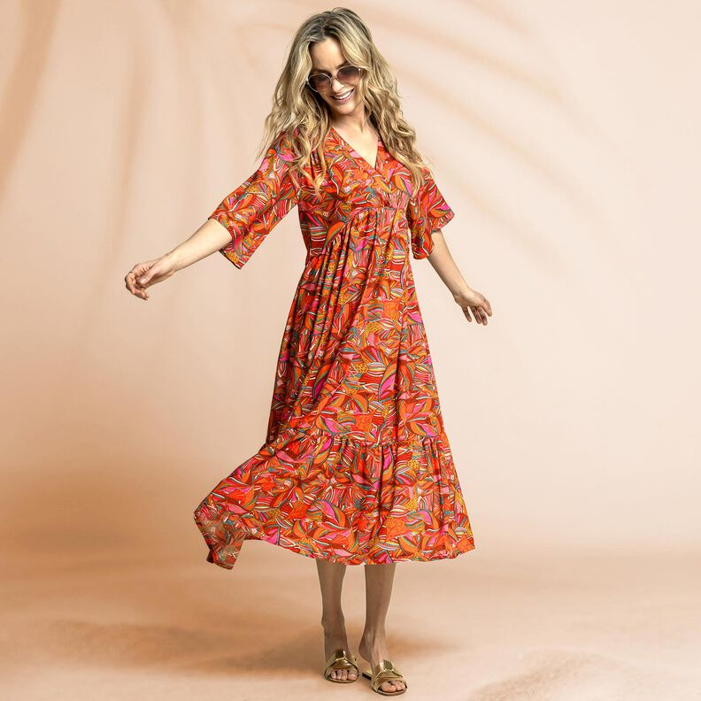 Beachwear tissu viscose paons et fleurs – orange/bordeaux, image number 5
