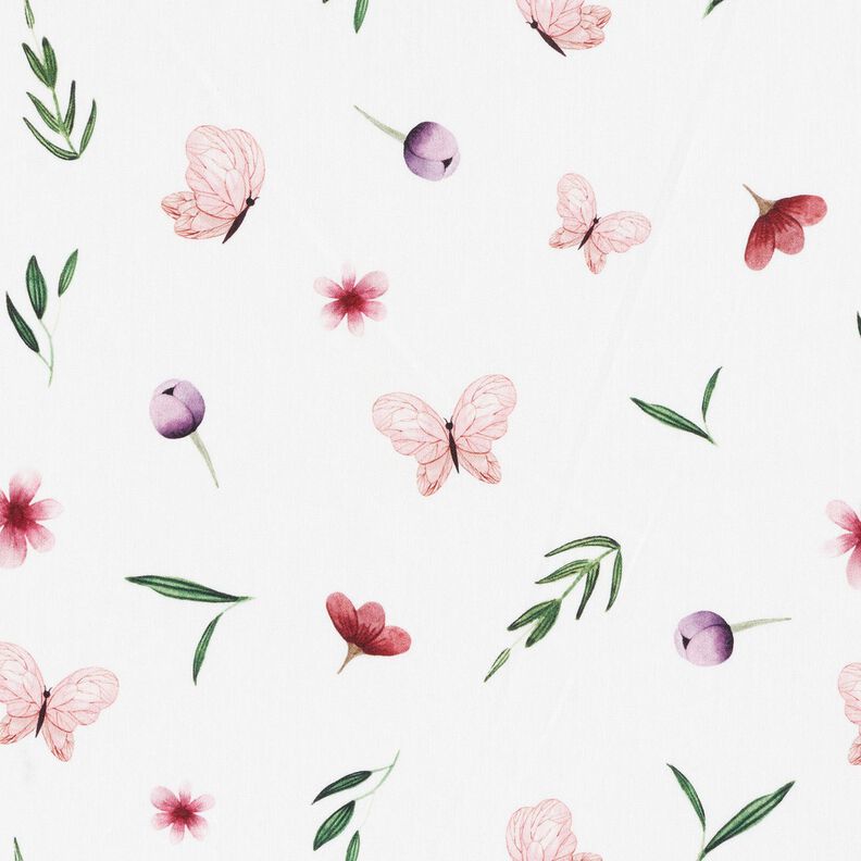 Popeline coton fleurs et papillons – blanc,  image number 1