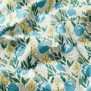 Tissu en coton Cretonne Prairie fleurie – blanc/pétrole légère, 