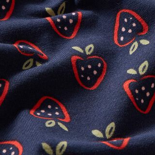 Jersey coton Fraises stylisées – bleu marine/rouge feu, 