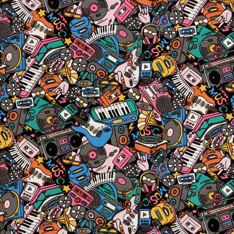 Tissu de décoration Semi-panama Instruments de musique – noir/rose vif,  image number 1