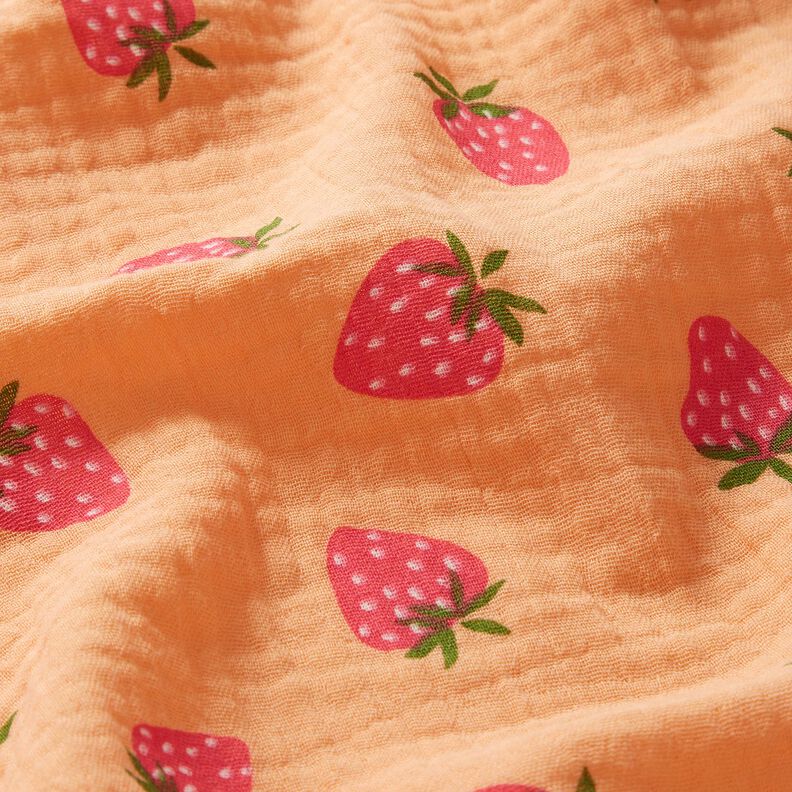 Tissu double gaze de coton Fraises – abricot,  image number 2