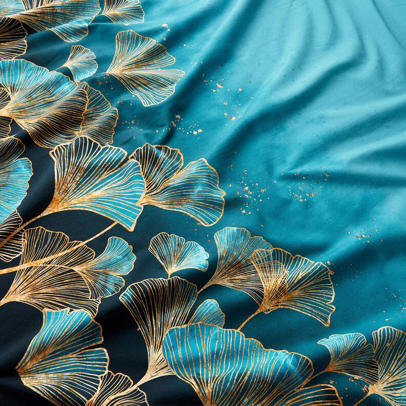 Jersey coton Tissu pour bordure Feuilles de ginkgo dorées | Glitzerpüppi – noir/turquoise,  image number 1