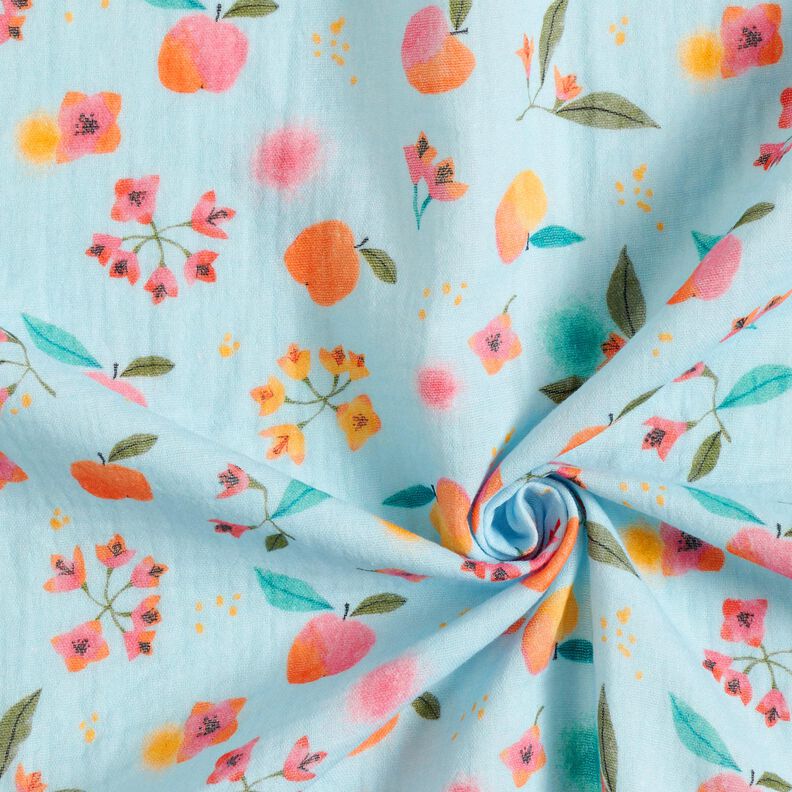 Tissu double gaze de coton pommes points fleurs Impression numérique – bleu clair, image number 3