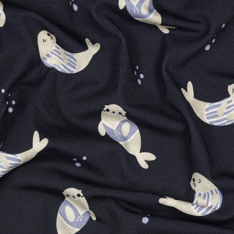GOTS Jersey coton Phoques Impression numérique | Poppy Fabrics – bleu nuit/anémone,  image number 2