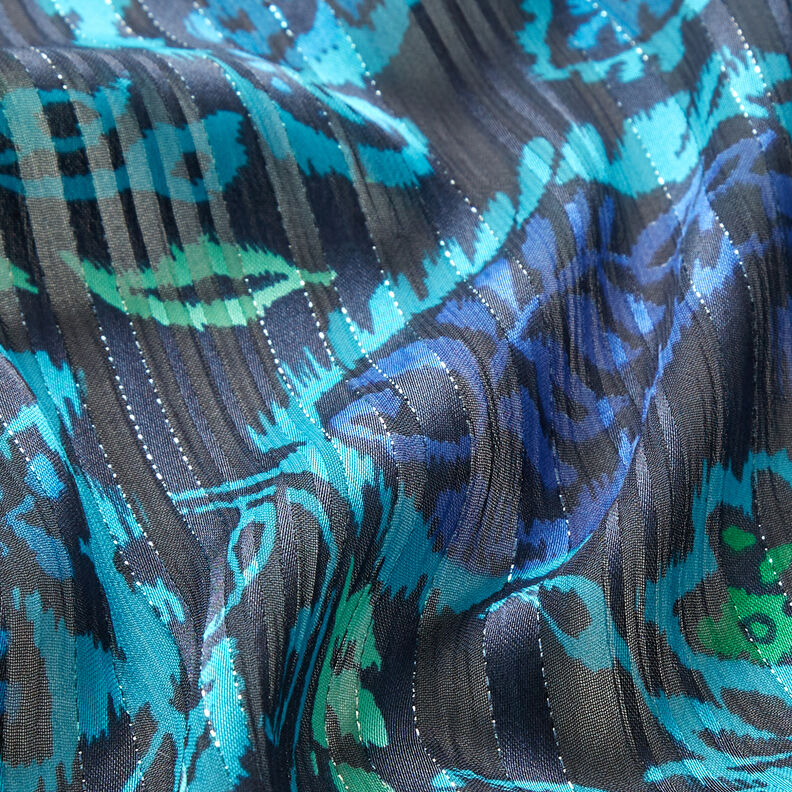Mousseline de satin à rayures pailletées et fleurs Paisley – turquoise/noir,  image number 3