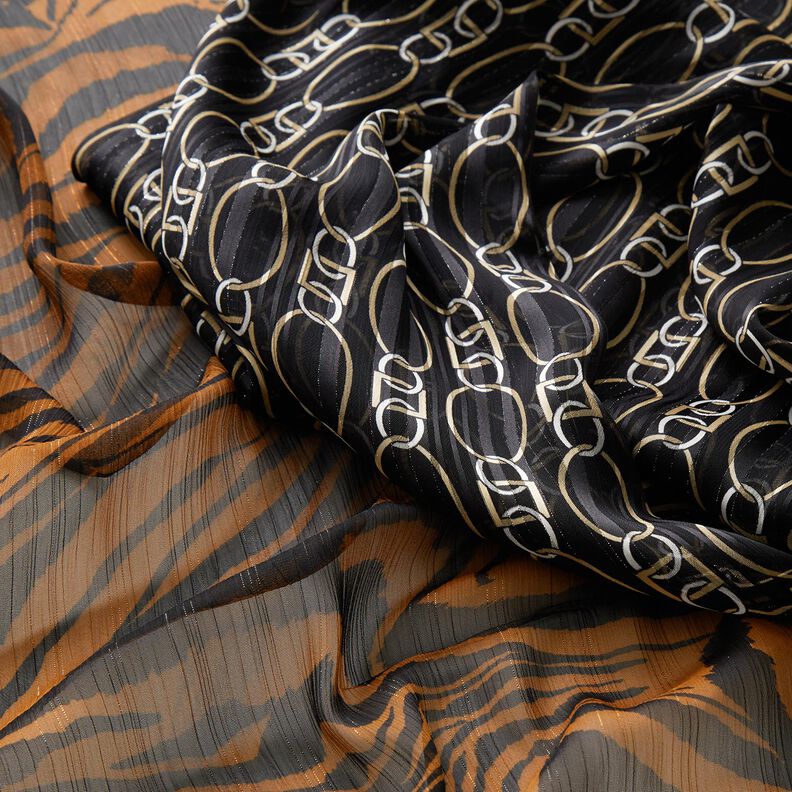 Mousseline Fines rayures pailletées et imprimé tigre – noir/cuivre,  image number 5