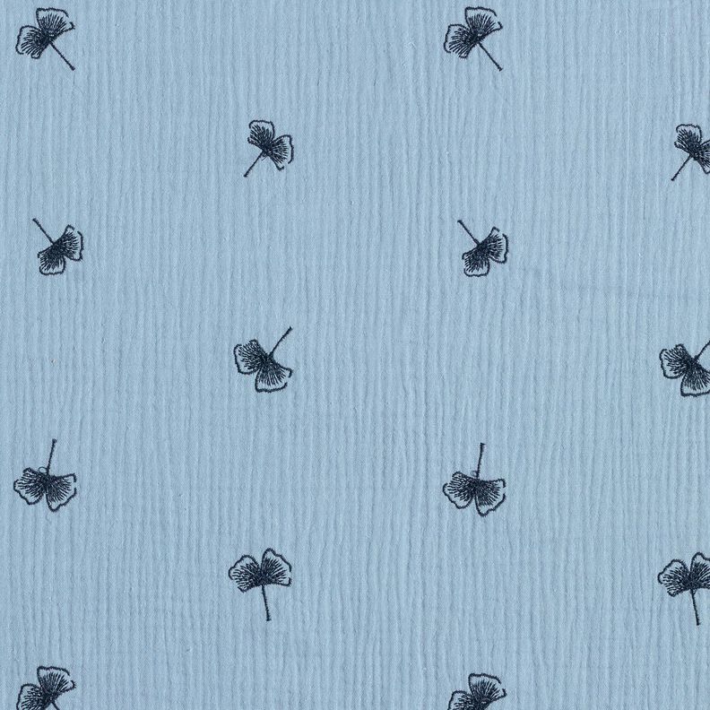 Tissu double gaze de coton Ginkgo brodé – jean bleu clair,  image number 1