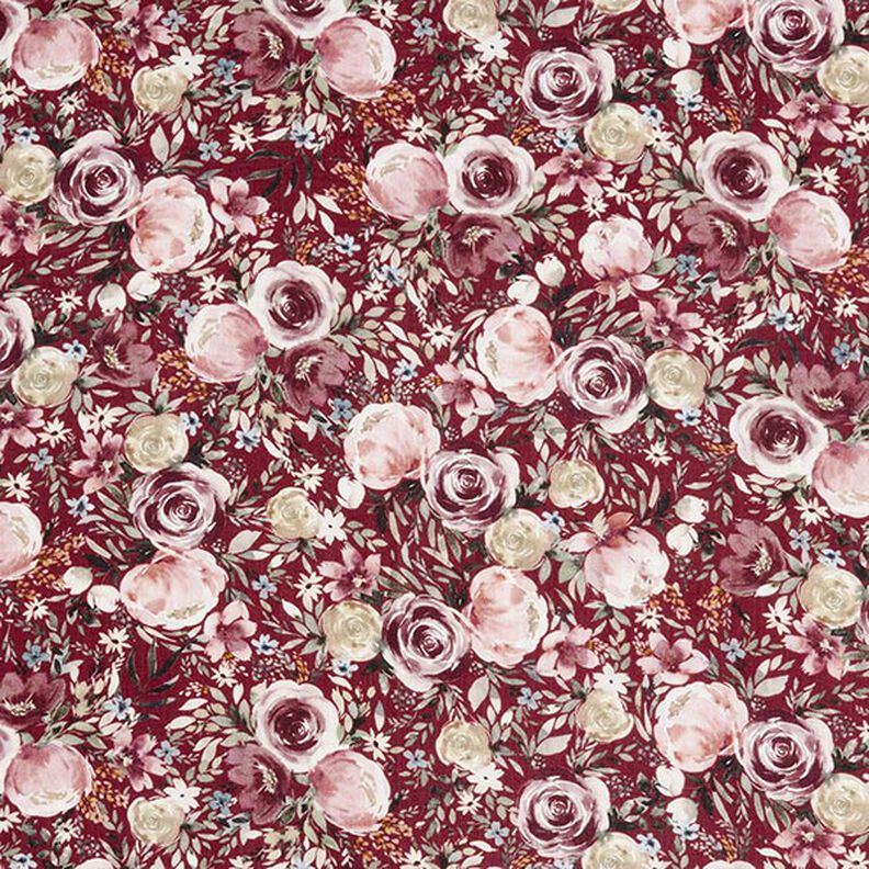 Tissu double gaze de coton Roses aquarelle Impression numérique – rouge bordeaux,  image number 1